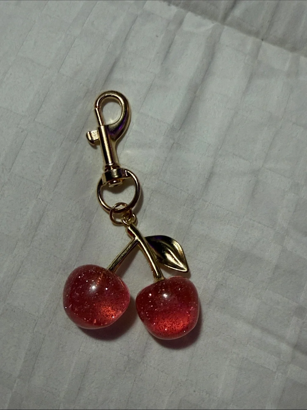 Gold Mini Cherry Keychain Charm in Pink